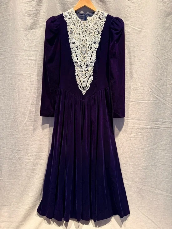Vintage 1990 Jessica McClintock Blue Velvet Dress | Lace Bib | Tea Length - Picture 2 of 12